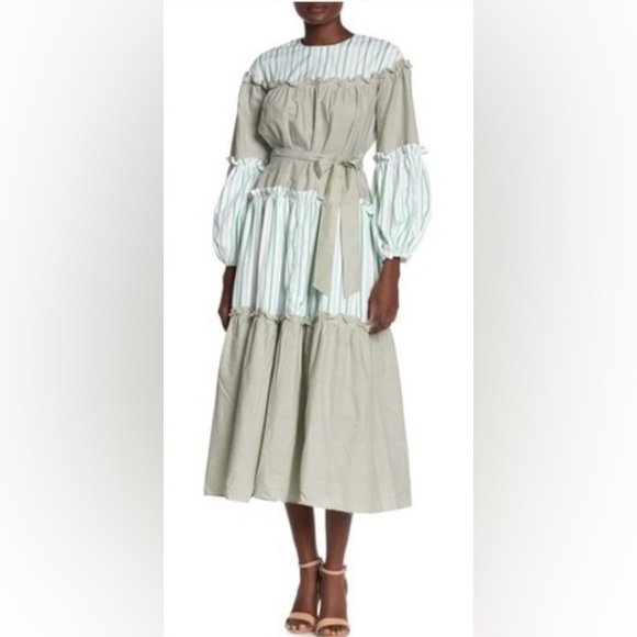 TOV Holy Dresses & Skirts - 💥PRICE DROP💥 TOV Holy Green Striped Tiered Maxi Shirt Dress